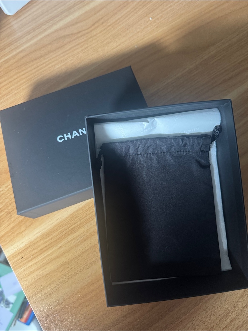 CHANEL Box with Black Satin Drawstring Pouch